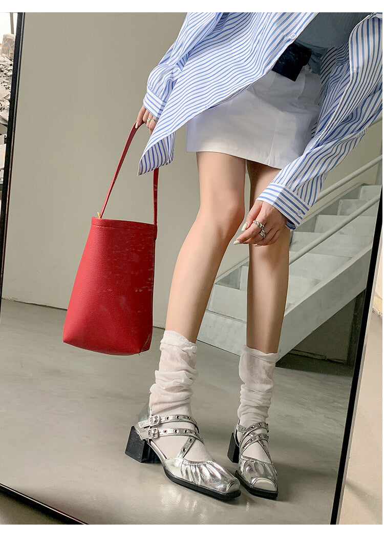 Karin Luna In Stock Spot Goods First Layer Sheepskin Cross Strap Rivet Square Toe Mary Jane Sandals