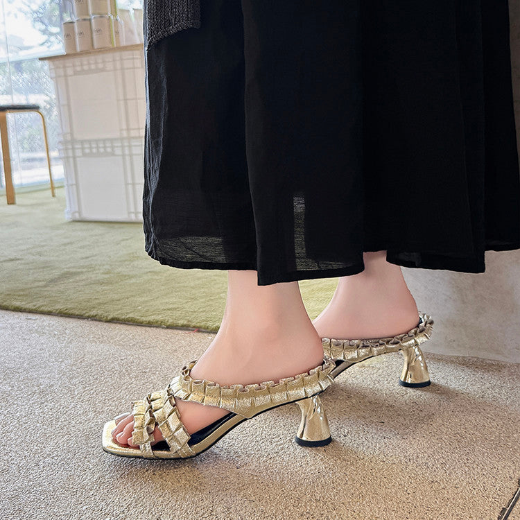 Karin Luna In Stock  Spot Goods  Unique Square-Toe Pleated Lace Sandals