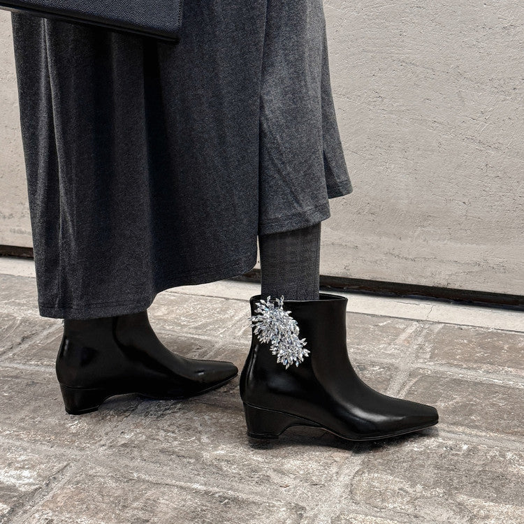 Karin Luna Elegant Style Square Toe Flower Design Height Increasing Short Boots with Two Front and Back Options