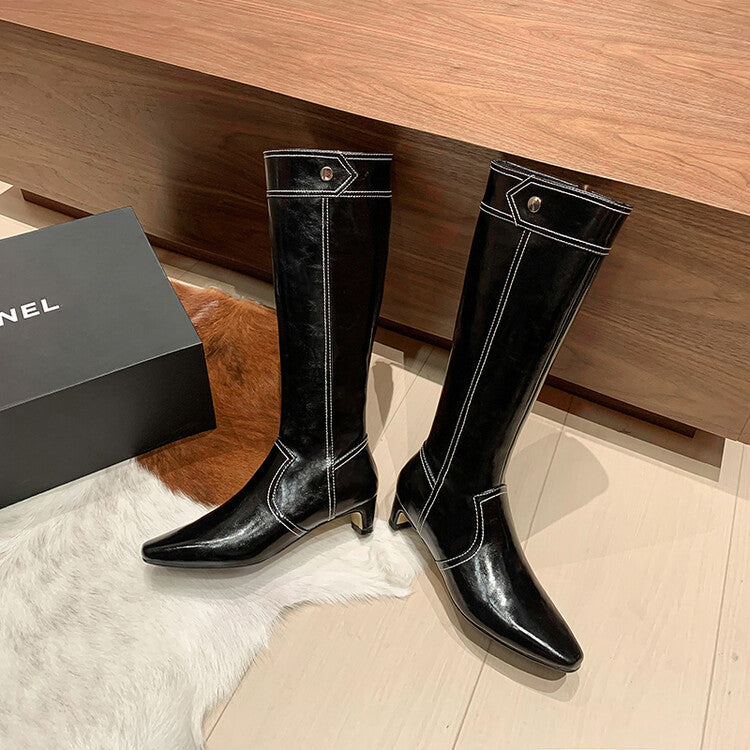 Karin Luna In Stock Spot Goods  Vintage Open Stitch Small Square Toe High Heel Side Zipper Riding Boots