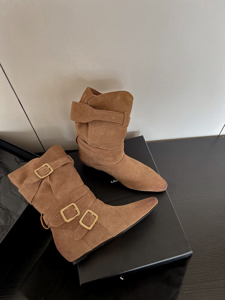 Karin Luna Cow Leather Small Square Toe Belt Buckle Fashion Boots