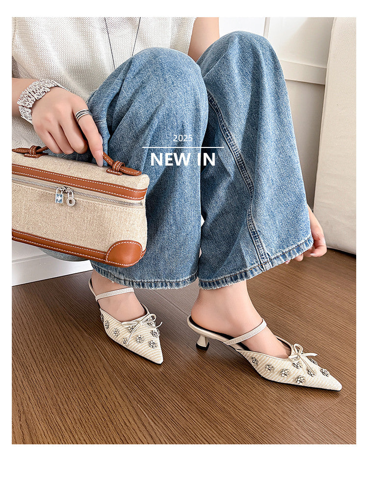 Karin Luna In Stock Spot Goods  Elegant Floral Pointed Toe Rhinestone Slippers