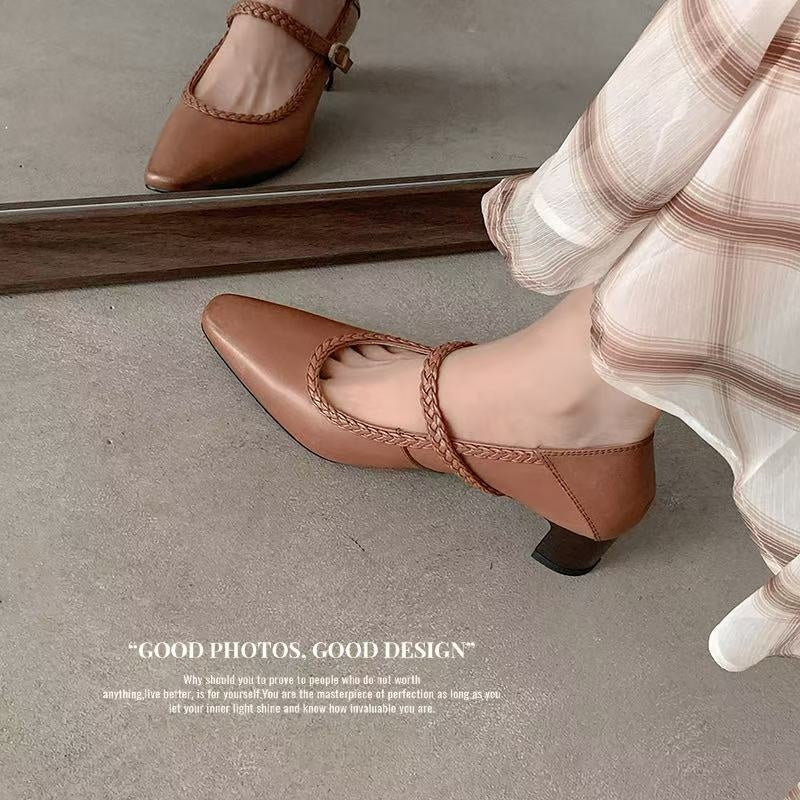 Karin Luna Braided Element Design Chunky Heel Square Toe Single Strap Shoes