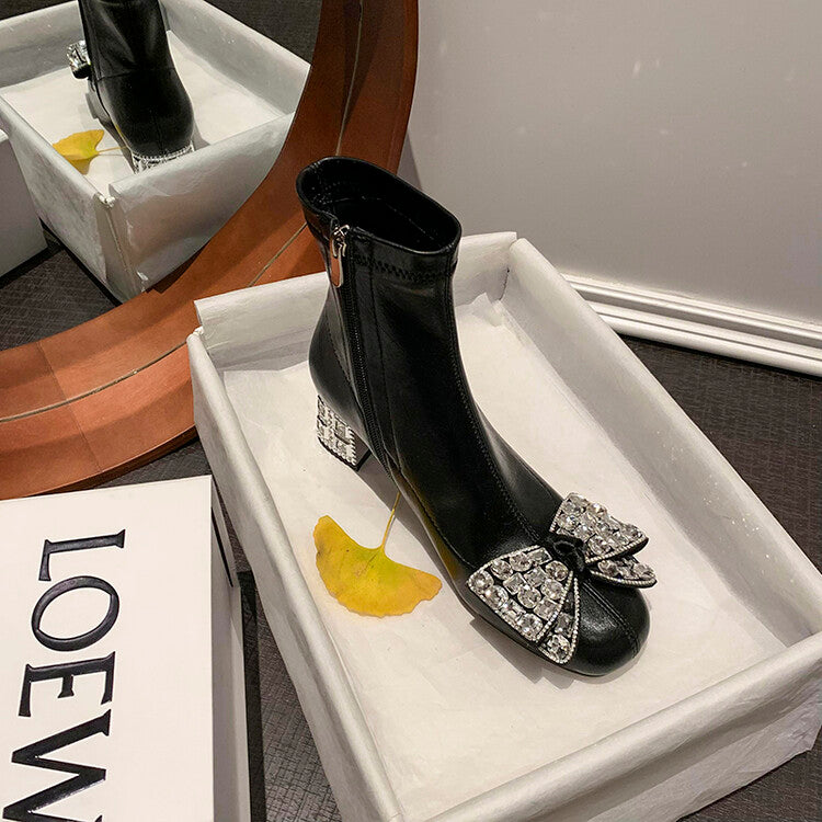 Karin Luna In Stock   Rhinestone Bow Thick Heel Slim Boots