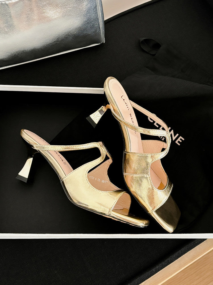 Karin Luna French Retro Square Toe Wrap Strap Open-Toe Slippers