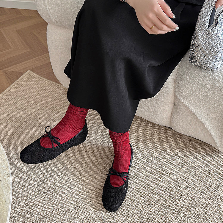Karin Luna In Stock Spot Goods  Summer Breathable Retro Embroidered Bow Granny Shoes