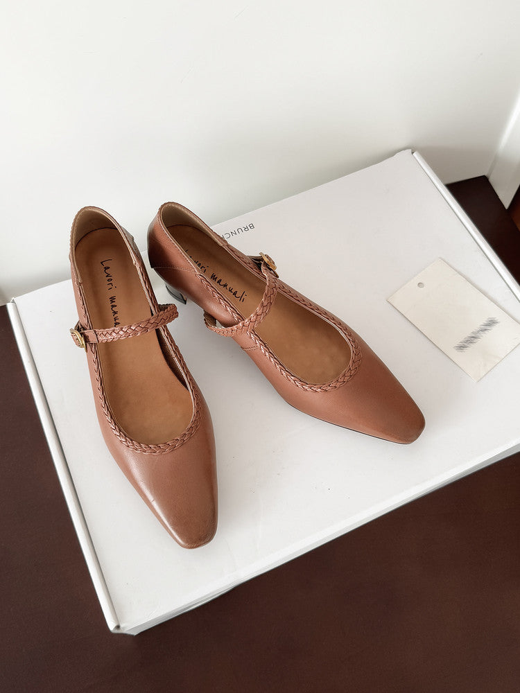 Karin Luna Braided Element Design Chunky Heel Square Toe Single Strap Shoes