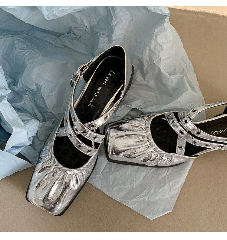 Karin Luna In Stock Spot Goods First Layer Sheepskin Cross Strap Rivet Square Toe Mary Jane Sandals
