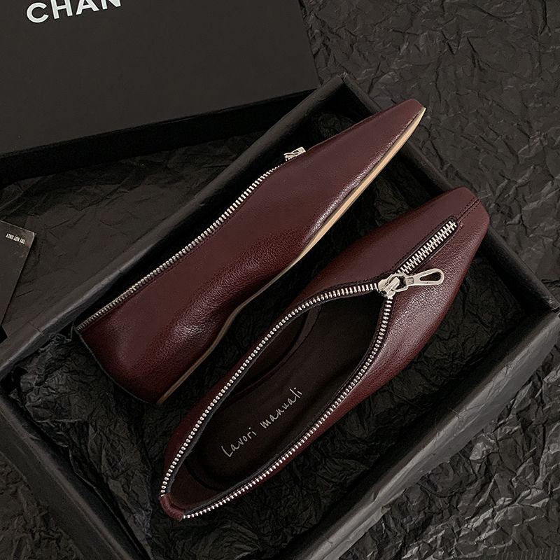 Karin Luna In Stock In Stock ~Basic Versatile Light Luxury Zipper Small Square Toe Flats