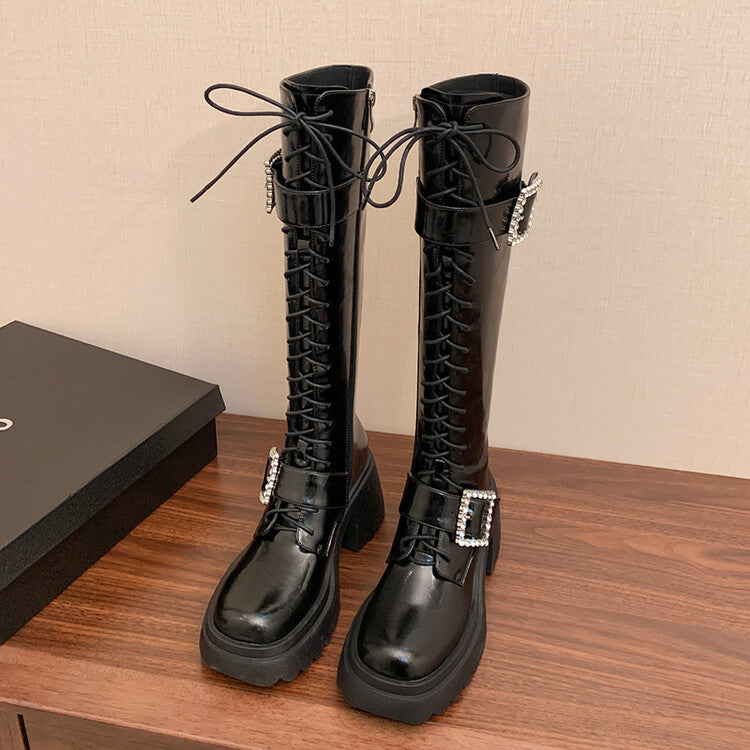 Karin Luna In Stock Spot Goods Bestselling Extended Version Rhinestone Square Buckle Thick Sole Lace-up Thick Sole Full Cowhide Knight Boots