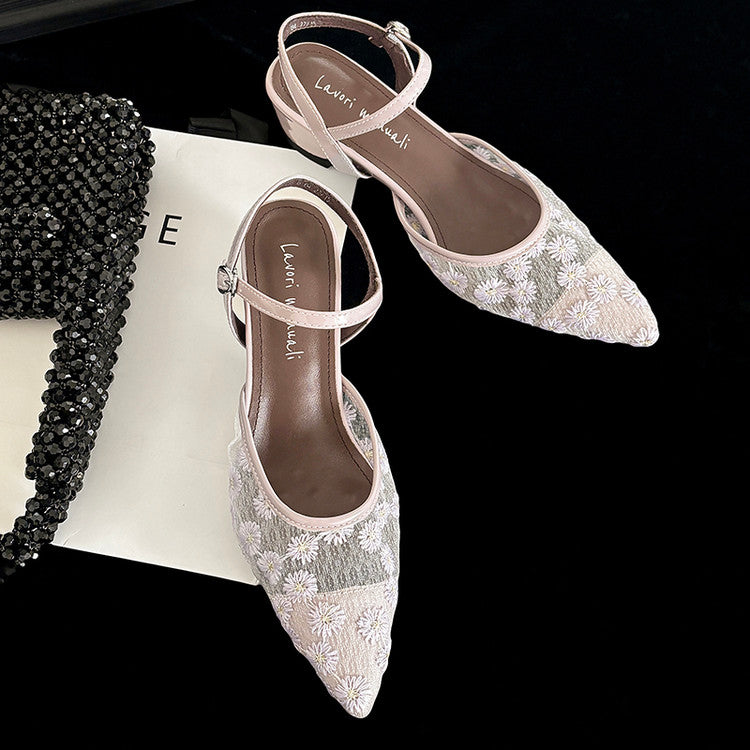 Karin Luna In Stock Spot Goods Embroidered Daisy Sheepskin Mesh Elegant Closed-Toe Slippers