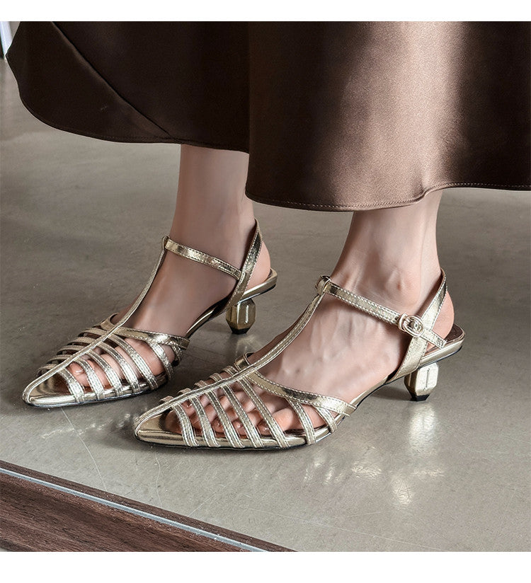 Karin Luna French Hollow Toe Metal Heel Elegant Sandals