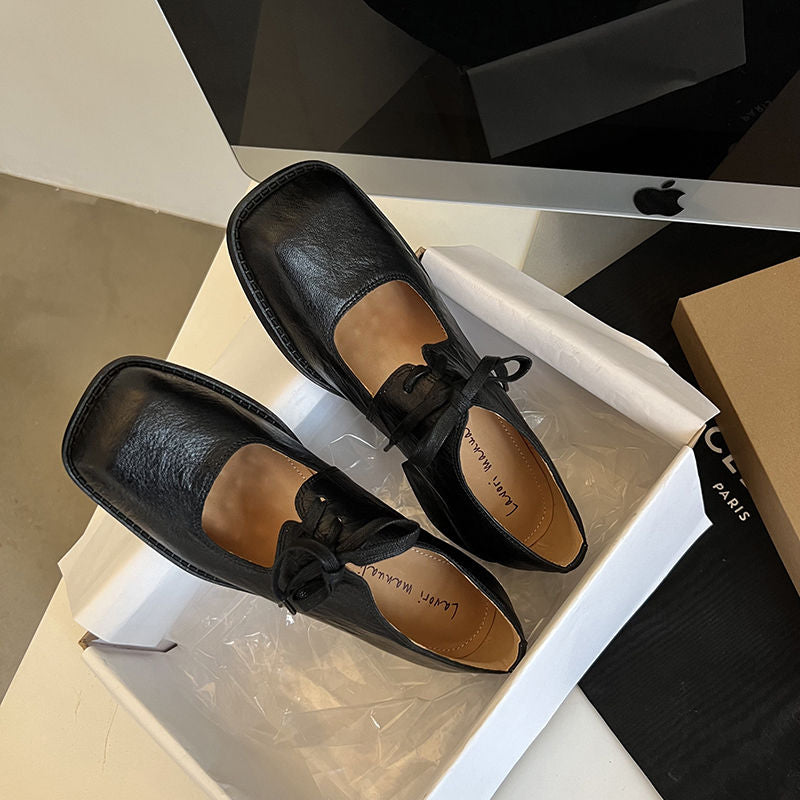 Karin Luna In Stock Spot Goods   Full leather inside and out Vegetable Tanned Hand-Grabbed Sheepskin Square-Toed Chunky Heel Single Shoes