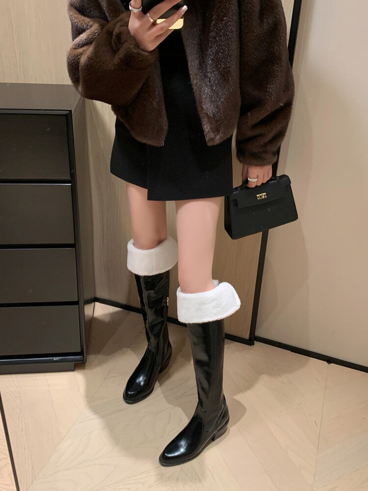 Karin Luna exploded  Three versions exploded Single Fleece Lining Fur Collar Version  Thick Fur Collar Foldable Hot-Selling Full Cowhide Pointed Toe Chunky Heel Classic Style