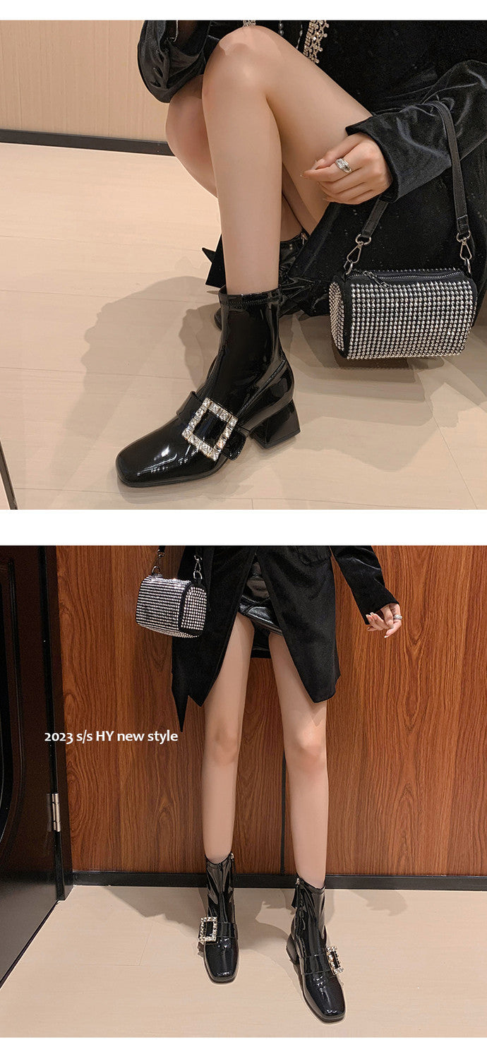 Karin Luna Elegant Style Ultra Slimming Rhinestone Chunky Heel British Style Riding Boots Long Boots