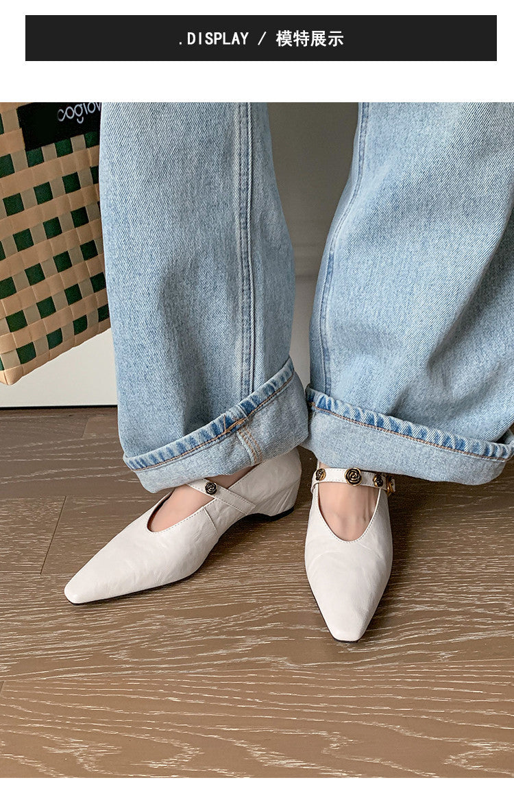 Karin Luna In Stock Spot Goods    Retro Classic Metal Camellia Irregular Heel Single Shoes