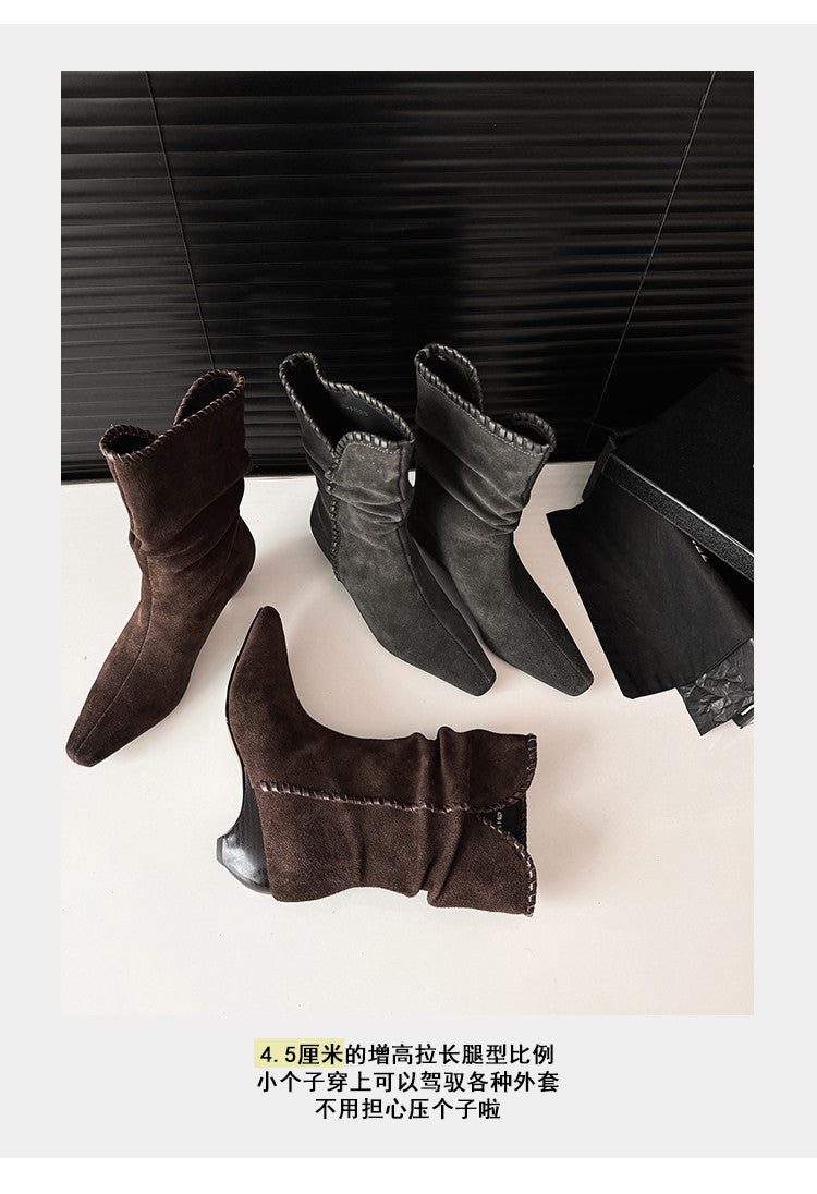 Karin Luna Elegant Style Small Square Toe Pleated Short Boots