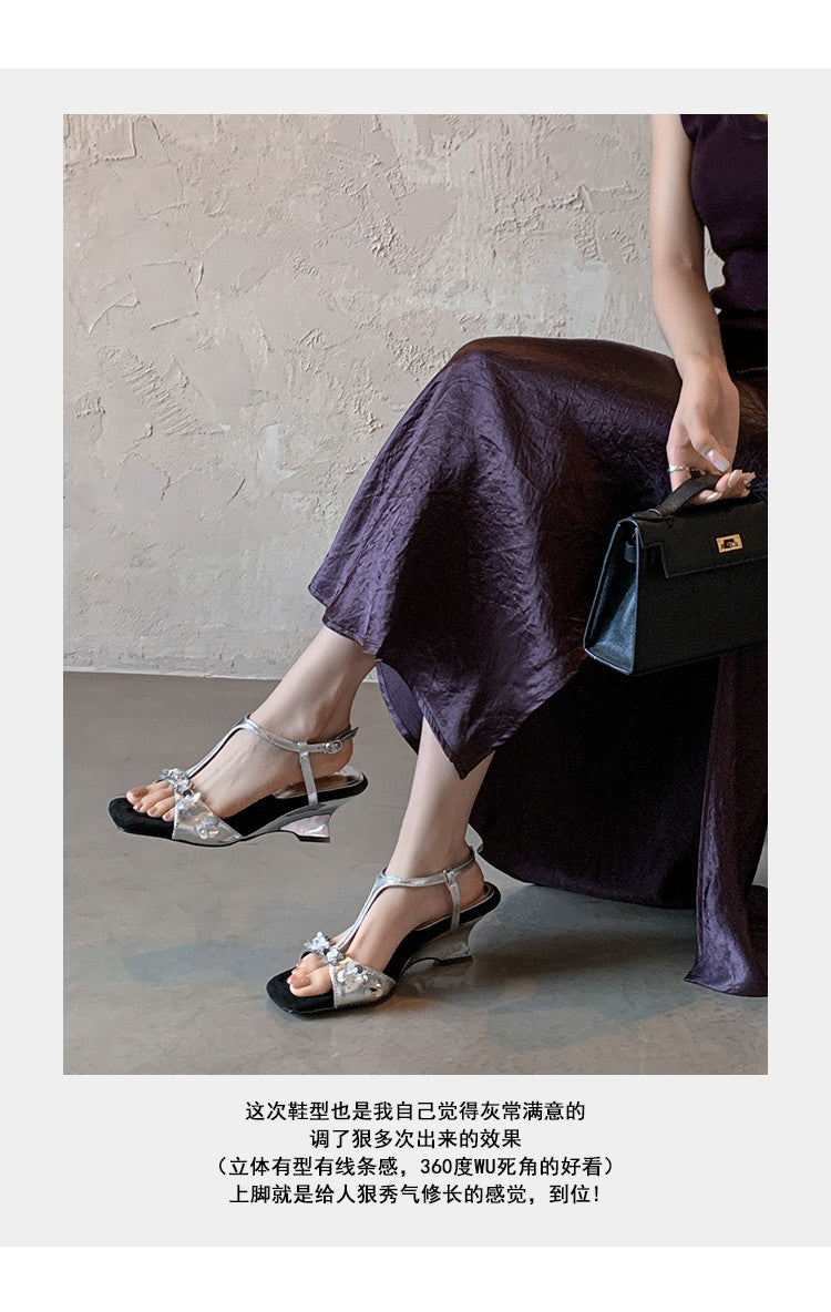 Karin Luna Hot-Selling Sequin Floral Series ~  Square Toe Irregular Heel Square Toe Sandals