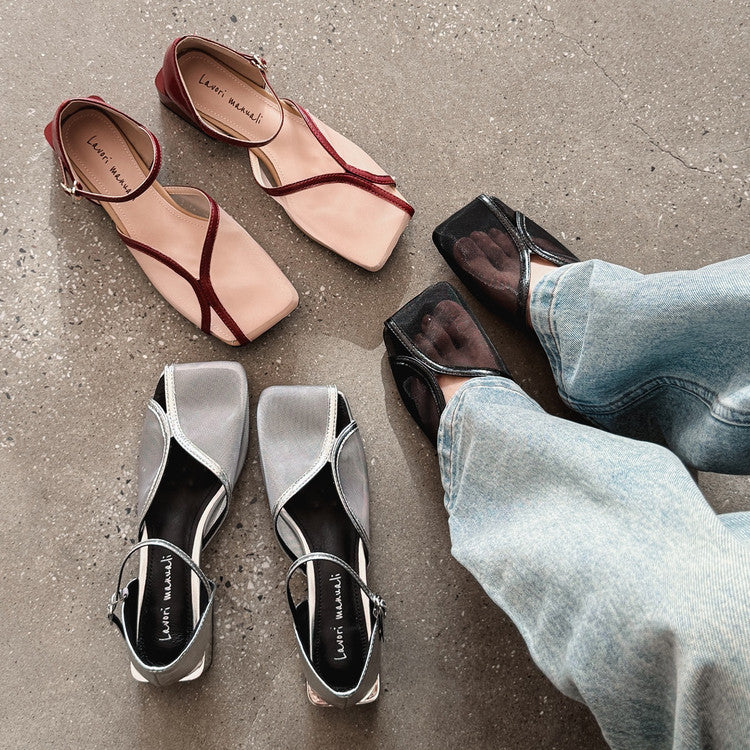 Karin Luna In Stock In Stock  Internet Celebrity Style Square Toe Mesh Chunky Heel Sandals