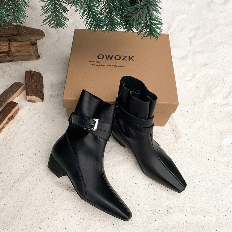 Karin Luna In Stock Spot Goods  Best-selling in stock Data Hot-Selling Small Square-Toe Chunky Heel Cowhide Leather Short Boots