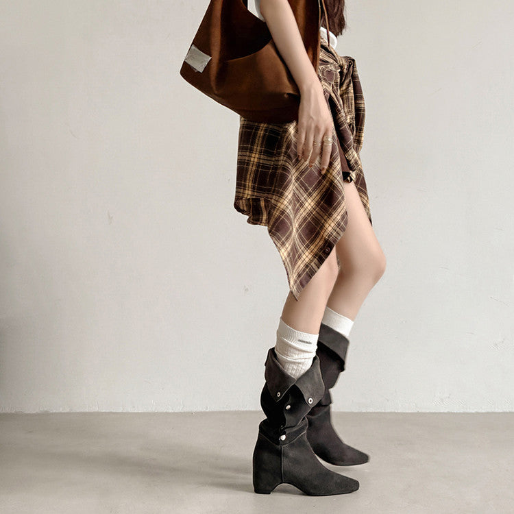 Karin Luna Bestseller Hot-Selling Hidden Buckle Lazy Style Square-Toe Height-Increasing Suede Western Boots