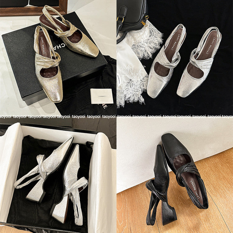 Karin Luna In Stock  Spot Goods Small Square Toe Wrinkled Chunky Heel Closed-Toe Sandals