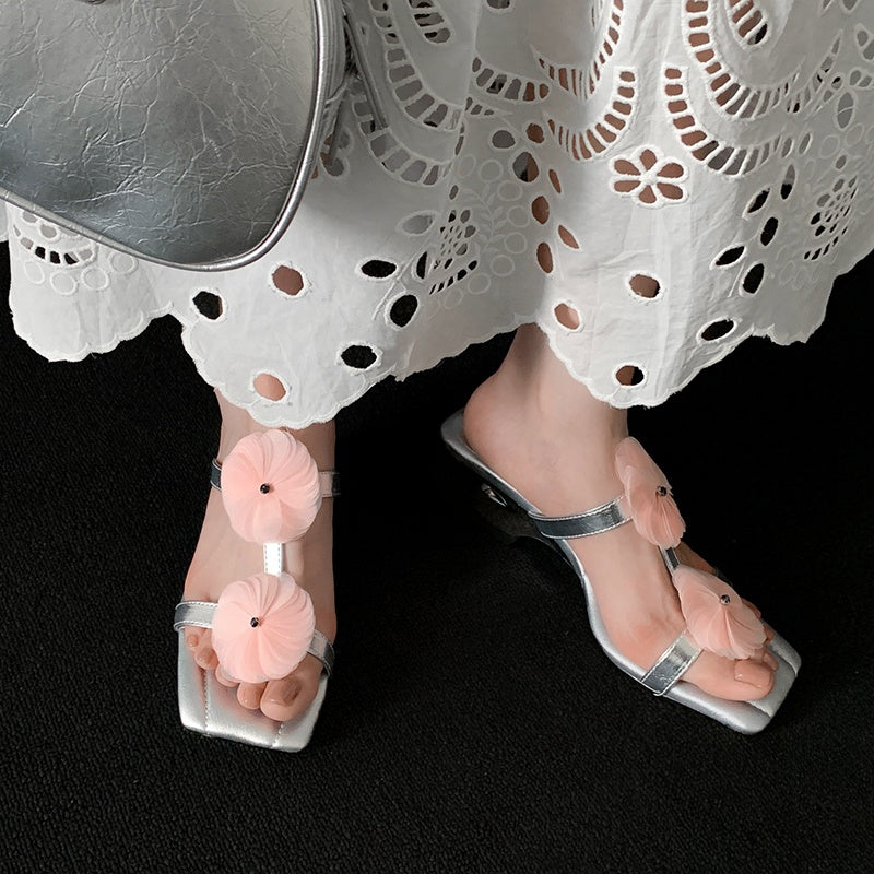 Karin Luna Hot-Selling Floral Square Toe Irregular Heel Floral Slippers