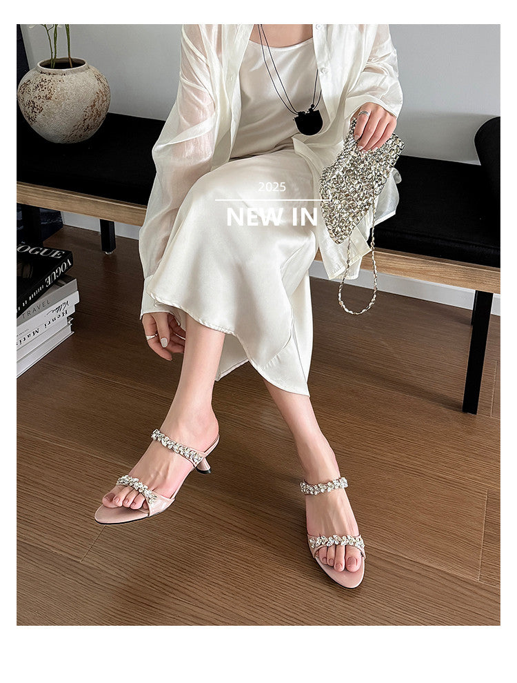 Karin Luna Exquisite Round Toe One-Strap Rhinestone Thin Heel Slippers