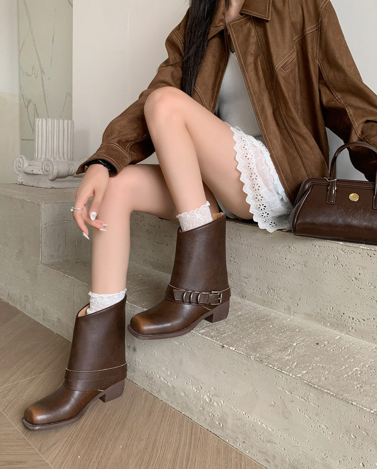 Karin Luna Elegant Style Square Toe Belt Buckle Pants Boot Short Boots