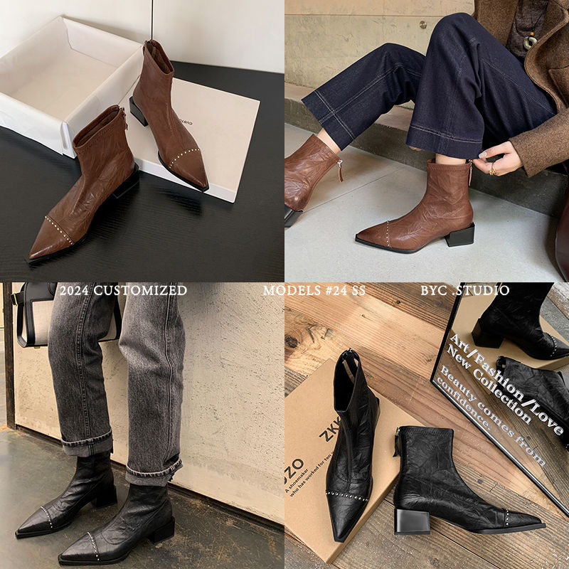 Karin Luna In Stock In Stock Slim Boots Series~Pointed Toe Rivet Slim Short Boots