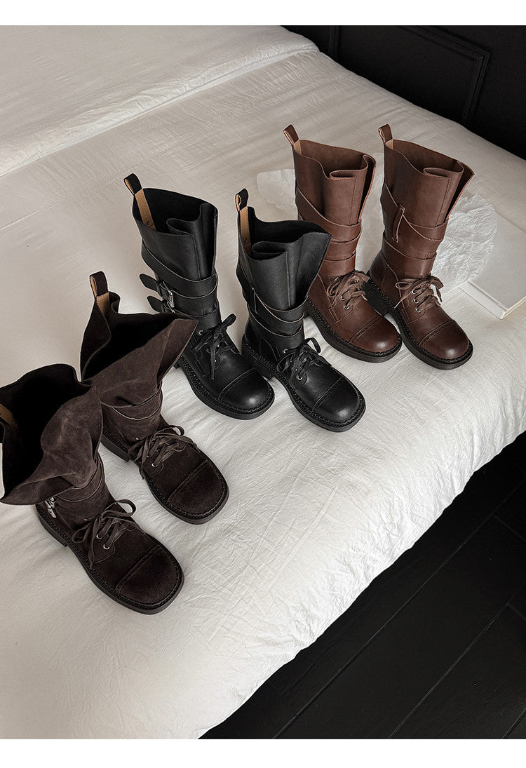 Karin Luna Bestseller Hot-Selling Large Tube Leather Belt Buckle Round Toe Thick-Soled Short Boots