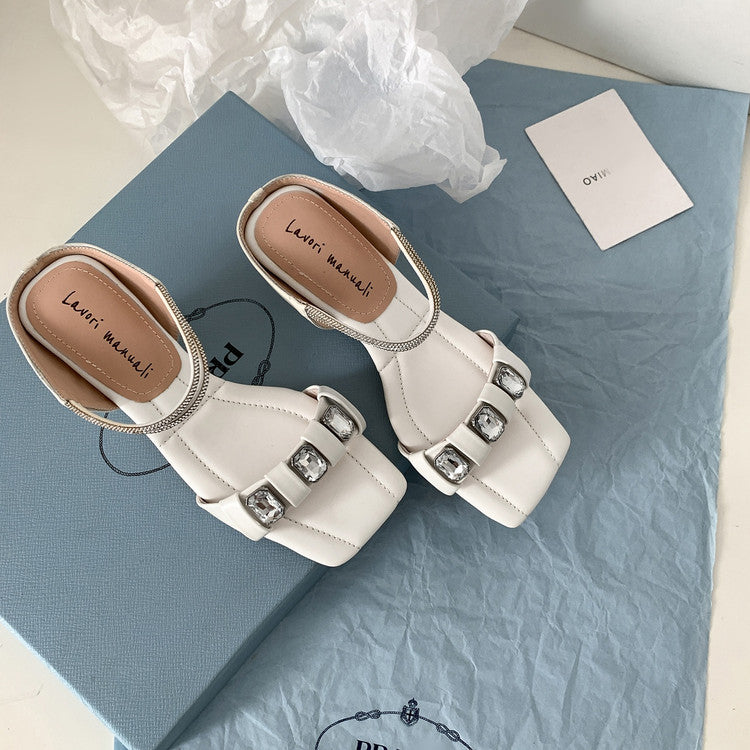 Karin Luna Bestseller Popular Rhinestone Ribbon Square Toe Slippers