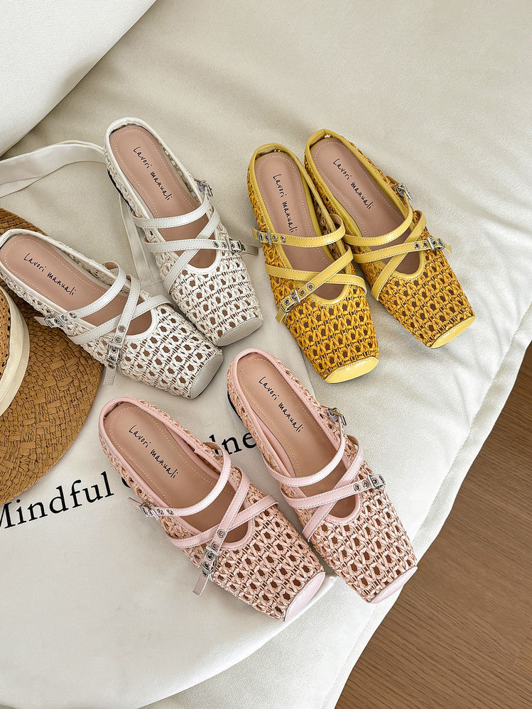 Karin Luna In Stock Spot Goods  Hot-Selling Square-Toe Woven Pig Nose Closed-Toe Slippers