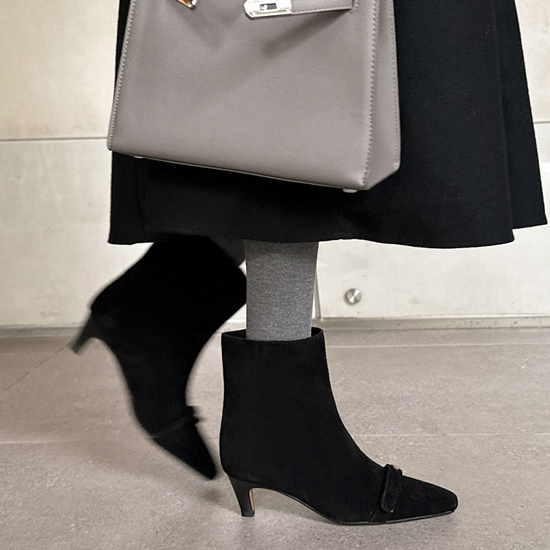 Karin Luna Elegant Style Small Square Toe Belt Buckle Thin Heel Short Boots