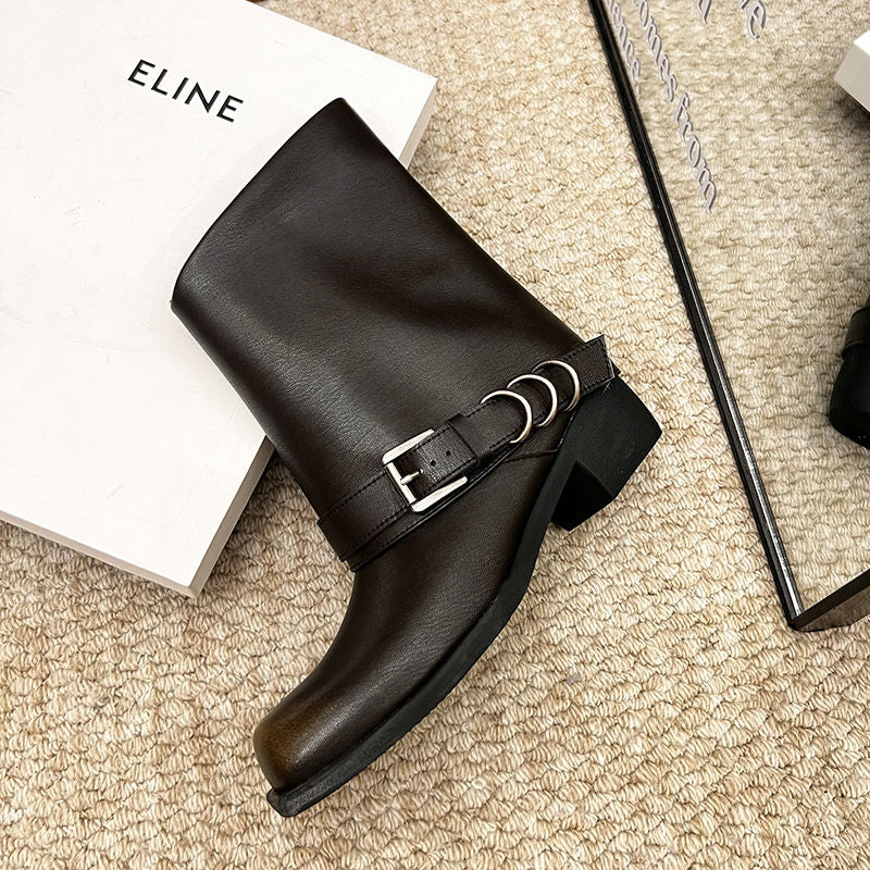 Karin Luna Elegant Style Square Toe Belt Buckle Pants Boot Short Boots