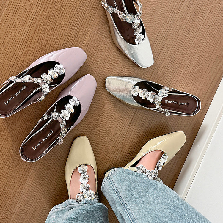 Karin Luna In Stock Spot Goods  T Handmade Sequin Flower Square Toe Height-Increasing Closed-Toe Slippers