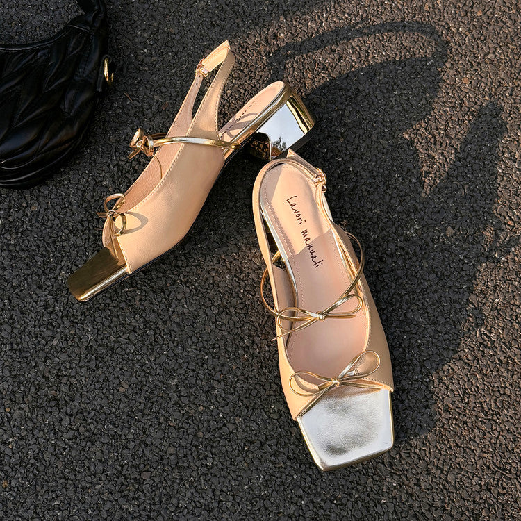 Karin Luna In Stock Spot Goods Square Toe Double Bow Thick Heel Sandals