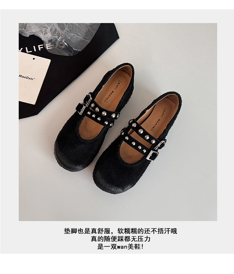 Karin Luna Hot Item Hot Item Punk Style One-Strap Round-Toe Suede Leather Height-Increasing Flats
