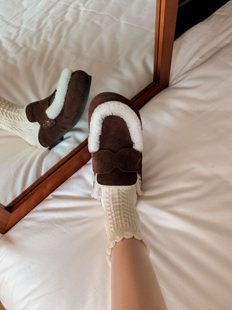 Karin Luna In Stock Look~This is such thick lamb wool Winter Atmosphere！Cowhide Leather Lamb Wool Round Toe Flat Sole Half Support！