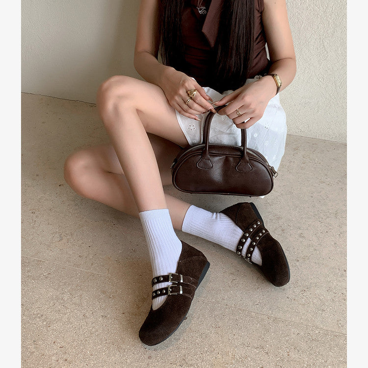 Karin Luna Hot Item Hot Item Punk Style One-Strap Round-Toe Suede Leather Height-Increasing Flats