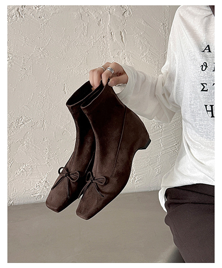 Karin Luna French Style Square Toe Bowknot Hidden Wedge Slim Boots