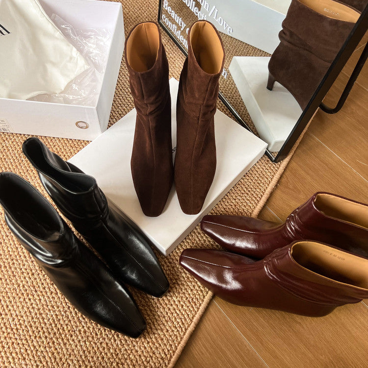 Karin Luna In Stock Spot Goods  Retro Wrinkled Small Square Toe Short Boots