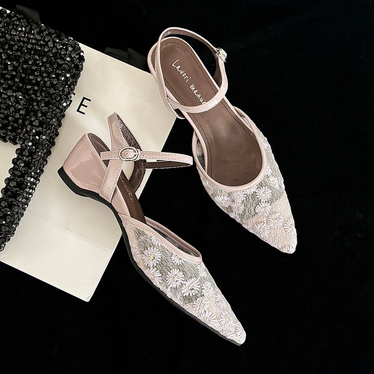 Karin Luna In Stock Spot Goods Embroidered Daisy Sheepskin Mesh Elegant Closed-Toe Slippers