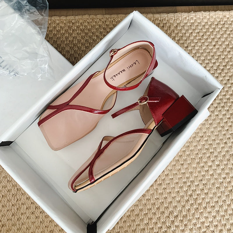 Karin Luna In Stock In Stock  Internet Celebrity Style Square Toe Mesh Chunky Heel Sandals