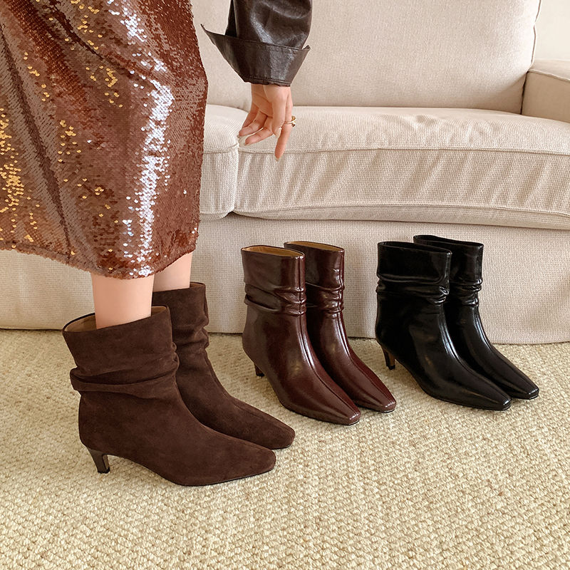 Karin Luna In Stock Spot Goods  Retro Wrinkled Small Square Toe Short Boots