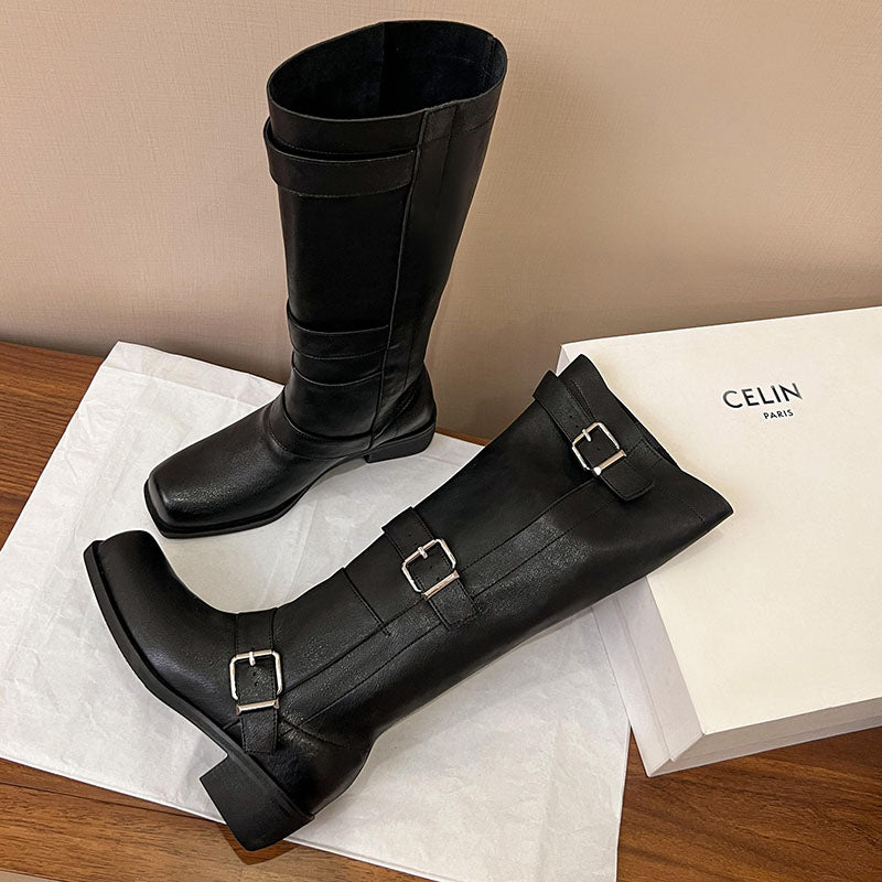 Karin Luna In Stock In Stock European and American Style Square Toe Thick Sole Belt Buckle Long Boots