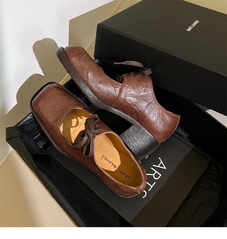 Karin Luna In Stock Spot Goods   Full leather inside and out Vegetable Tanned Hand-Grabbed Sheepskin Square-Toed Chunky Heel Single Shoes