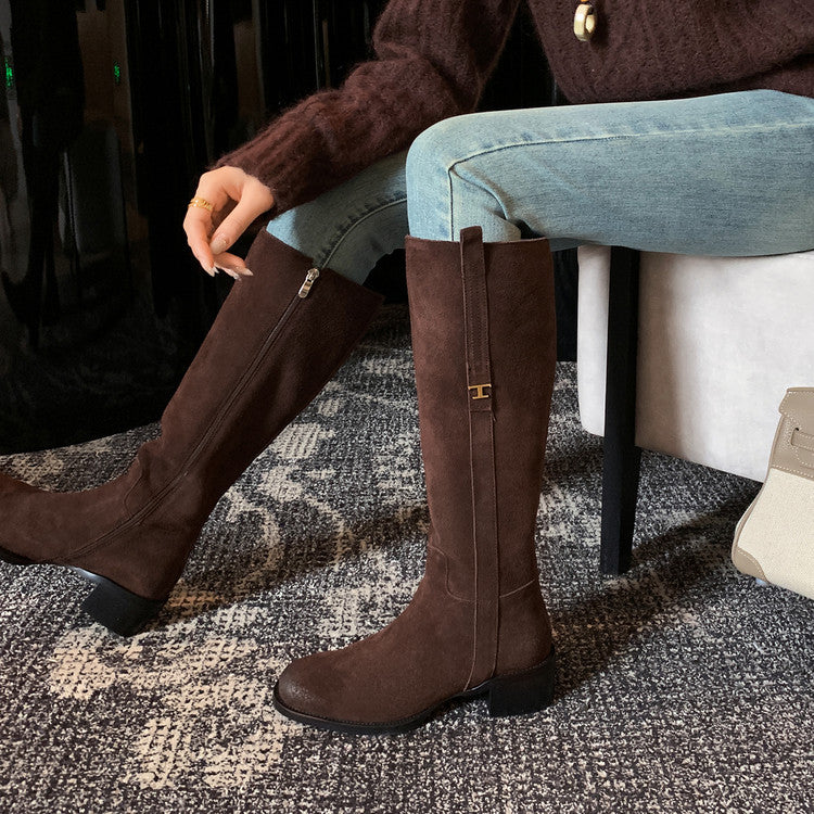 Karin Luna In Stock Spot Goods Basic Retro Square Toe Chunky Heel Riding Boots