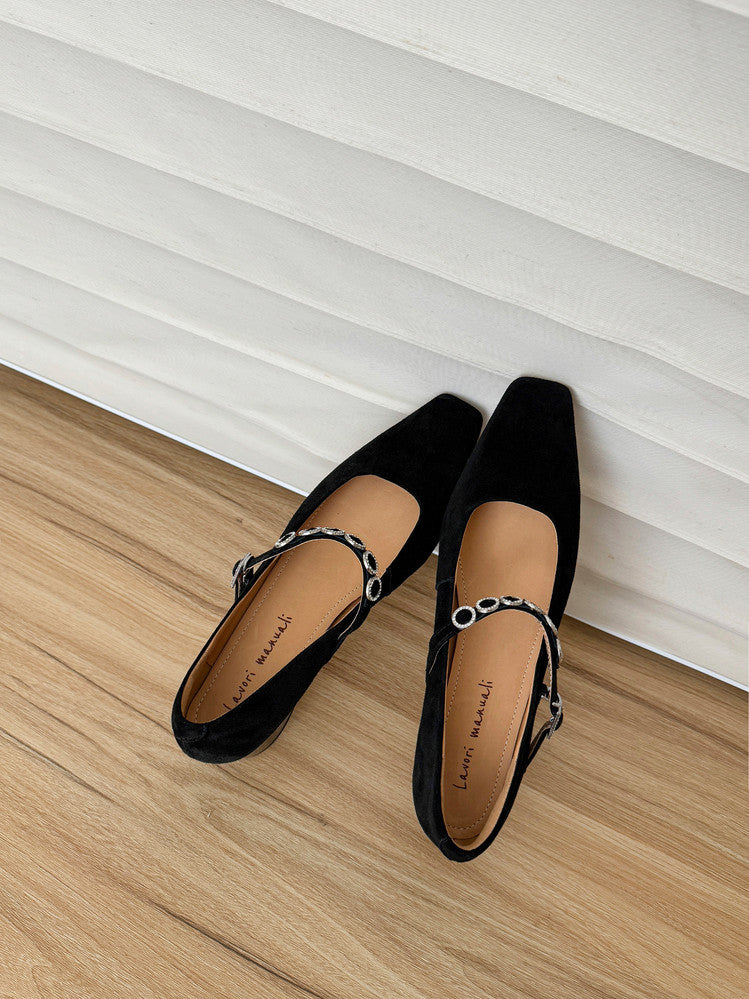 Karin Luna In Stock Spot Goods  Vintage Full Leather Square Toe Rhinestone Strap Shallow Mouth Single Shoes