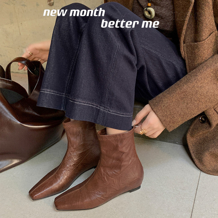 Karin Luna In Stock Spot Goods Slim Series  Hidden Wedge Small Square Toe Back Zipper Short Boots